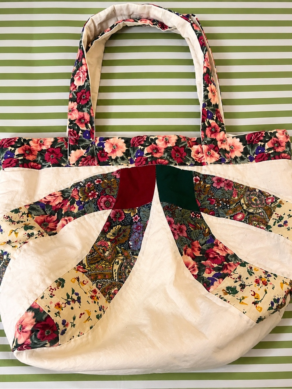 Cream Floral Patchwork Tote Bag with Pink and Green Accents Upcycled